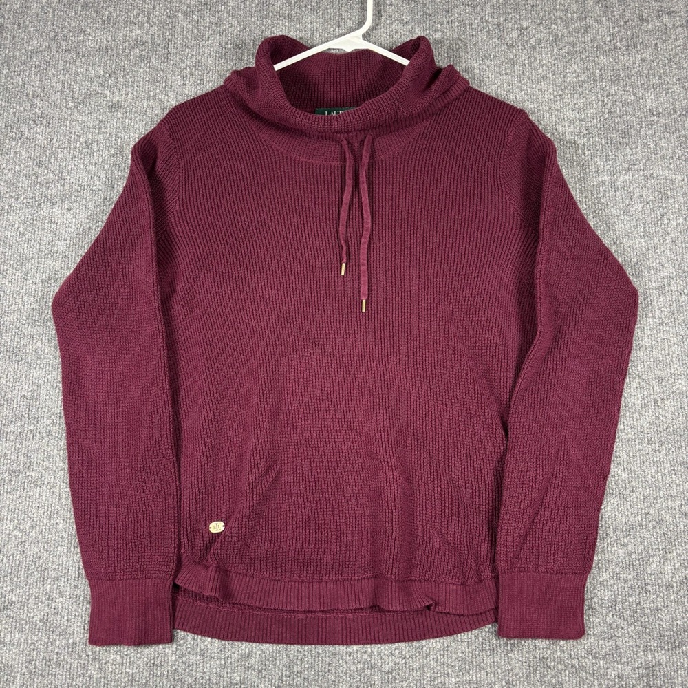 Lauren Ralph Lauren Womens Sweater L Burgundy Waffle Knit Cowl Neck Drawstring